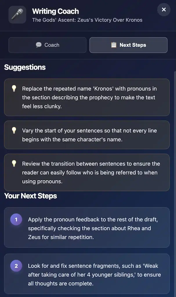 Live Coach: Suggestions and Next Steps summary